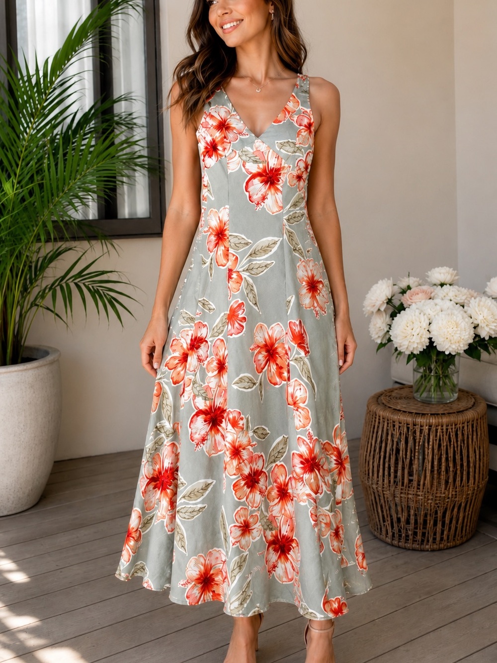 NWT Paper Heart Linen Blend Tropical Floral Midi Dress Size Medium